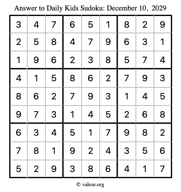 Answer to kids sudoku December 10, 2029