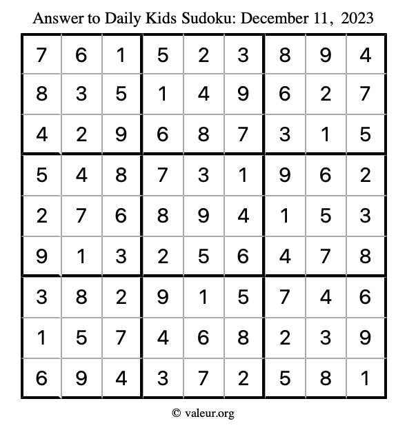 Answer to kids sudoku December 11, 2023