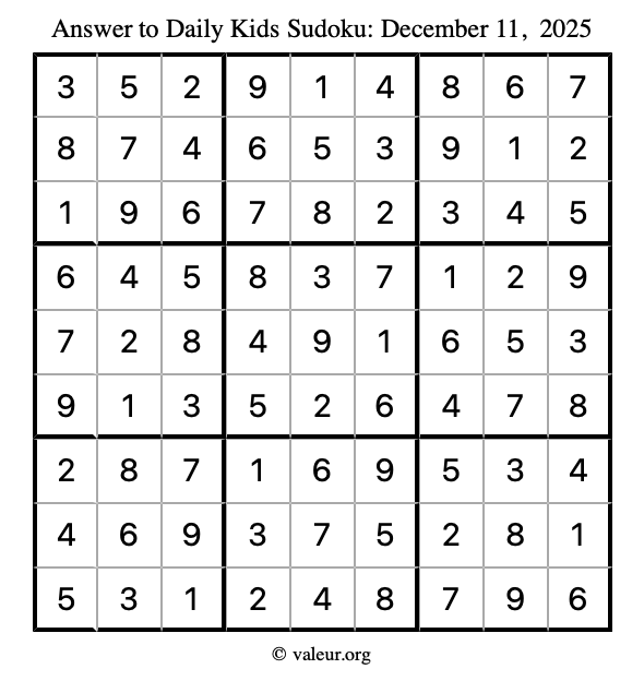 Answer to kids sudoku December 11, 2025