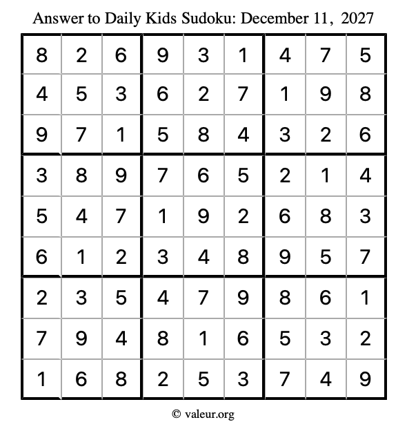 Answer to kids sudoku December 11, 2027