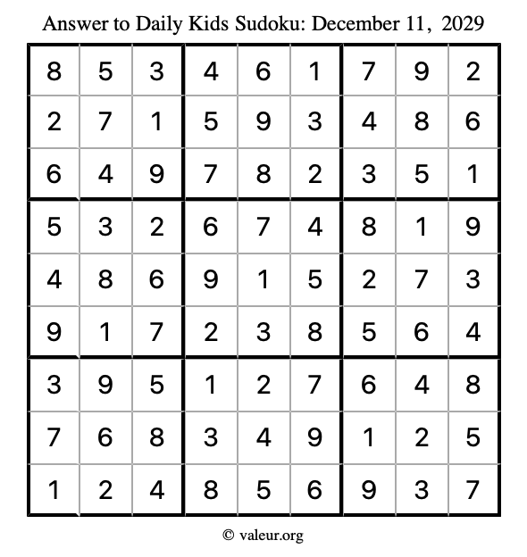 Answer to kids sudoku December 11, 2029