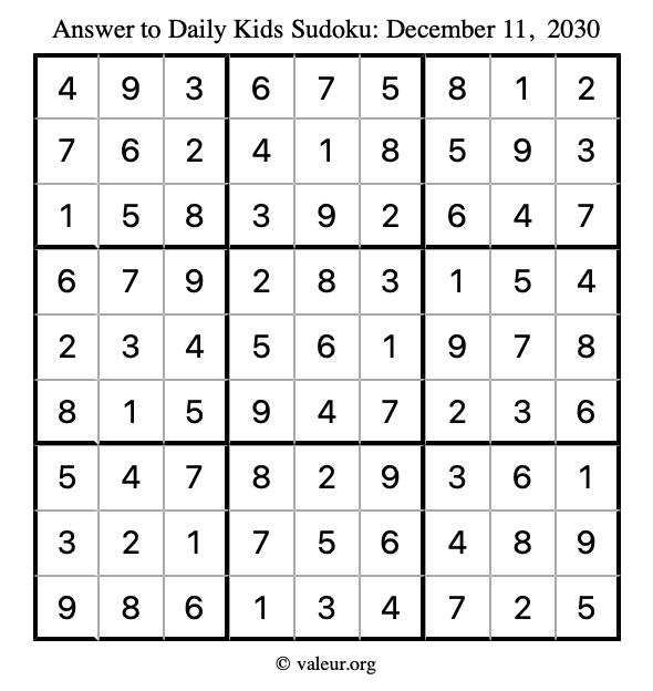 Answer to kids sudoku December 11, 2030