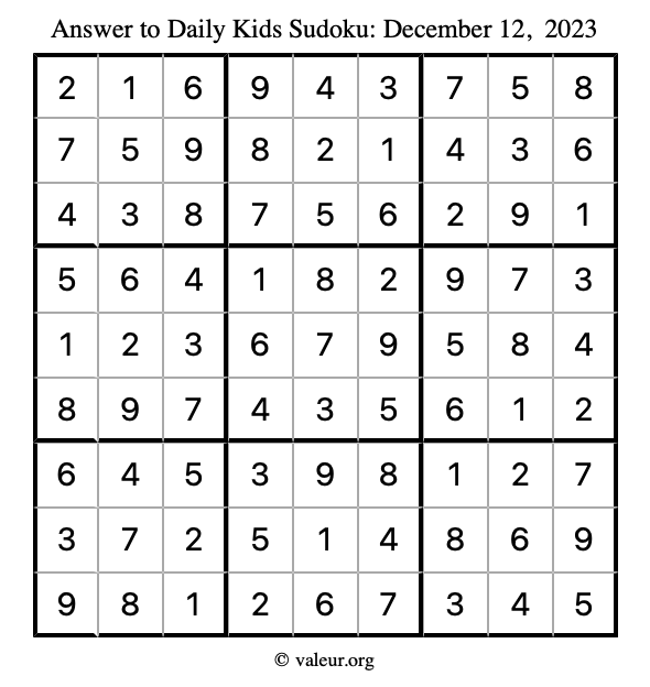 Answer to kids sudoku December 12, 2023
