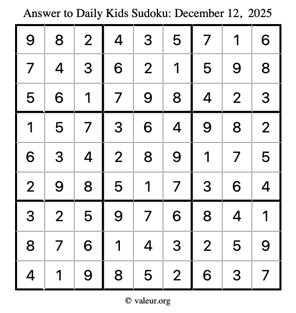 Answer to kids sudoku December 12, 2025