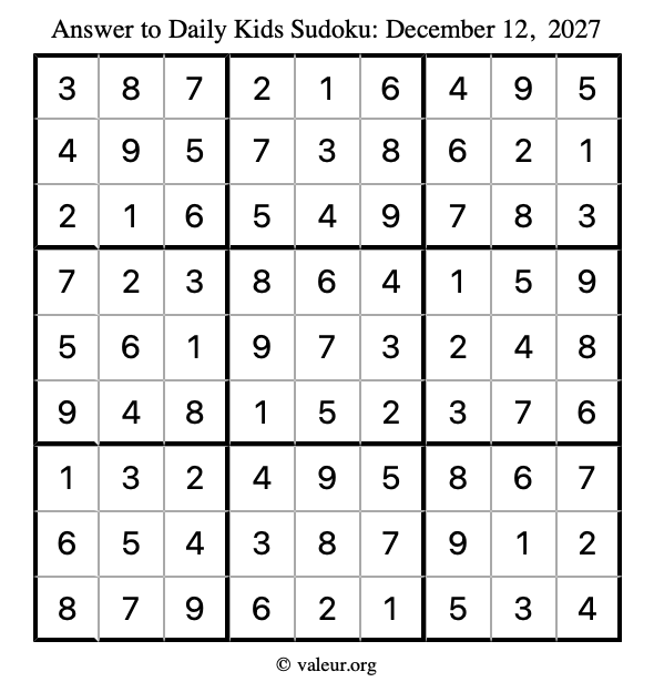 Answer to kids sudoku December 12, 2027