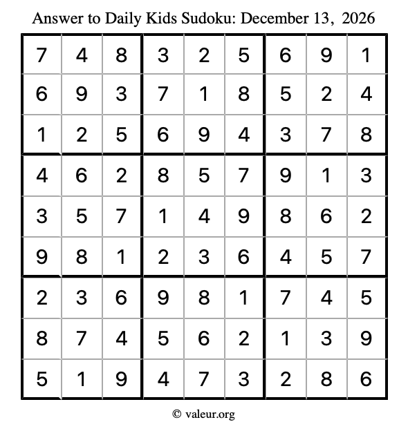 Answer to kids sudoku December 13, 2026