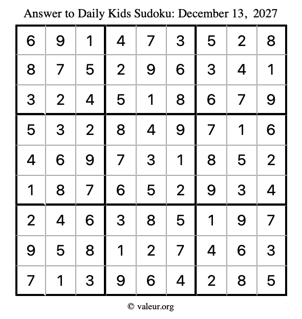 Answer to kids sudoku December 13, 2027