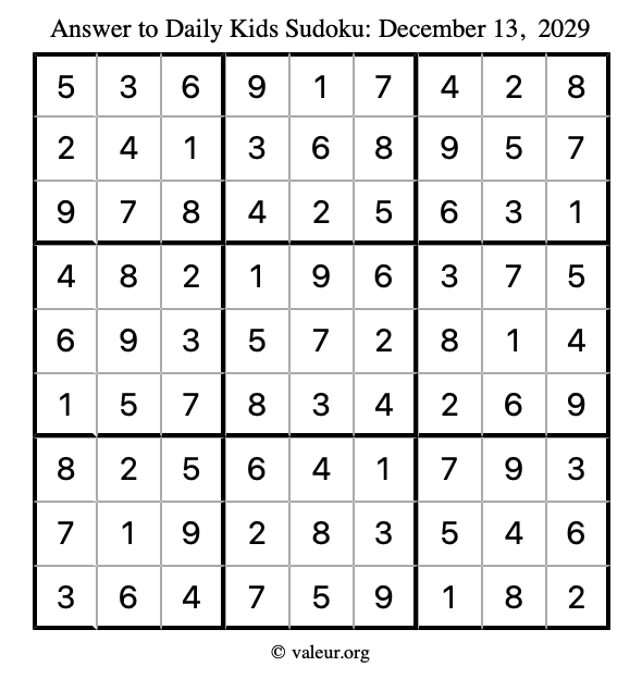 Answer to kids sudoku December 13, 2029