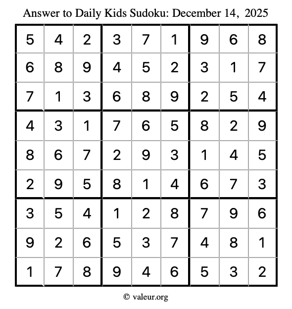 Answer to kids sudoku December 14, 2025