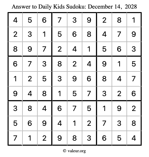 Answer to kids sudoku December 14, 2028