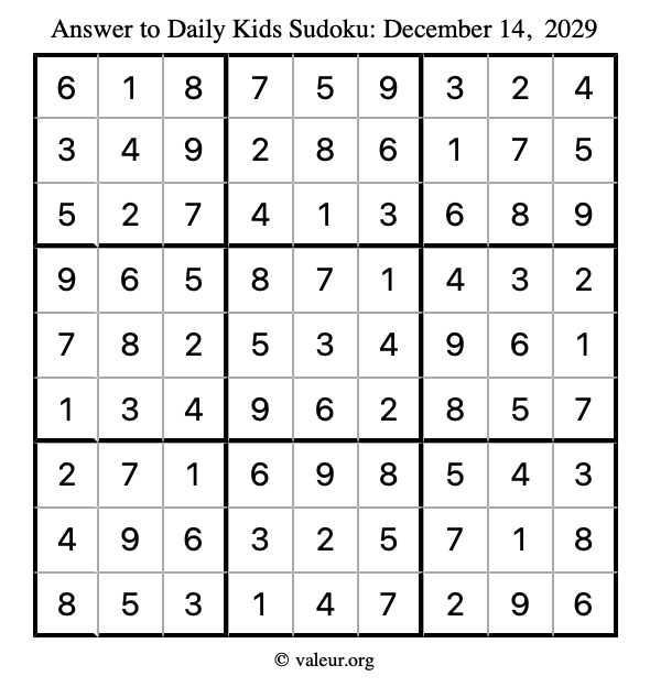 Answer to kids sudoku December 14, 2029