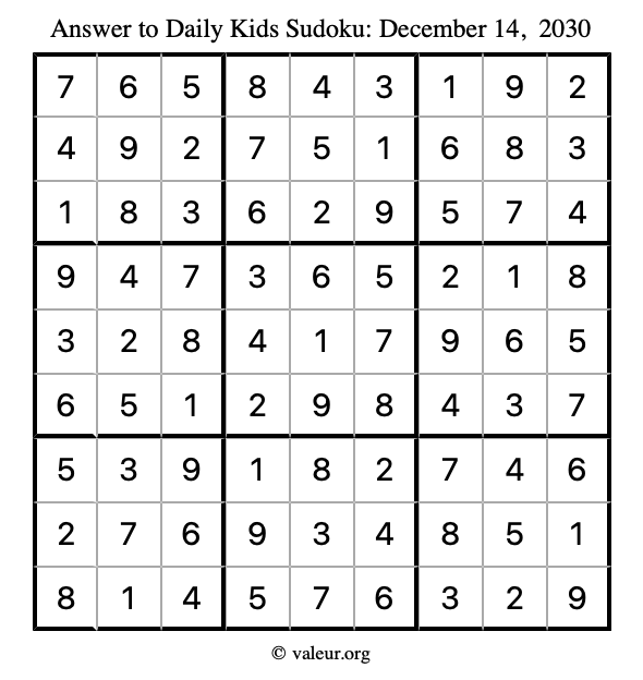 Answer to kids sudoku December 14, 2030