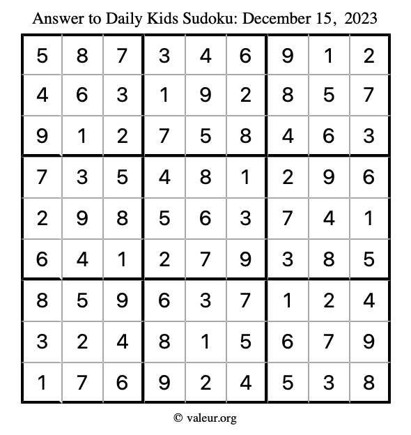 Answer to kids sudoku December 15, 2023