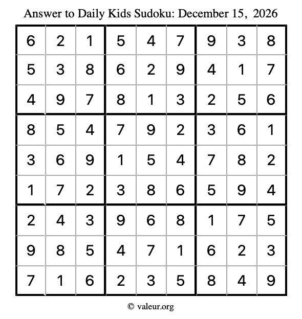 Answer to kids sudoku December 15, 2026