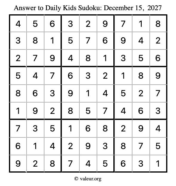 Answer to kids sudoku December 15, 2027