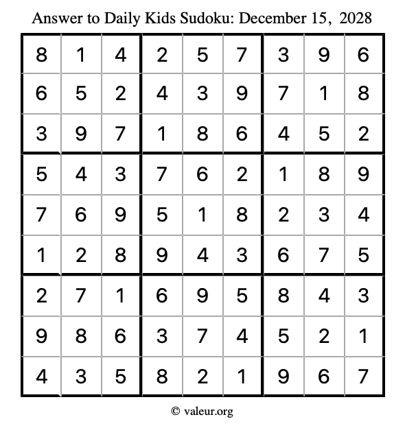 Answer to kids sudoku December 15, 2028