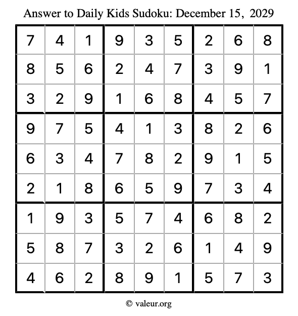 Answer to kids sudoku December 15, 2029