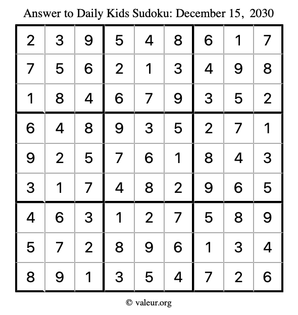 Answer to kids sudoku December 15, 2030