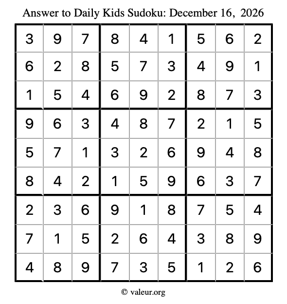 Answer to kids sudoku December 16, 2026