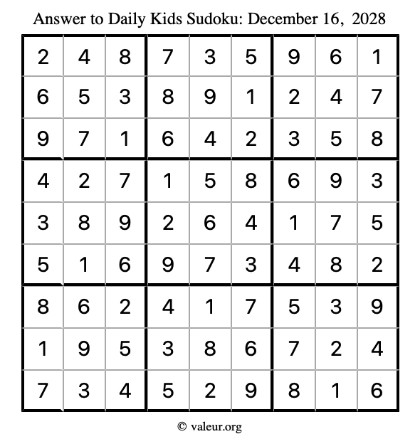 Answer to kids sudoku December 16, 2028