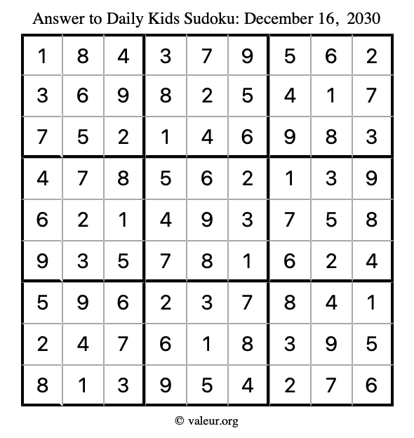 Answer to kids sudoku December 16, 2030