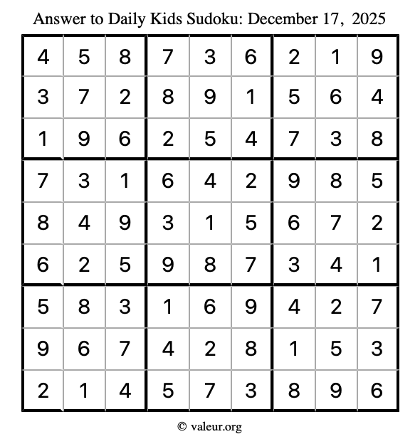 Answer to kids sudoku December 17, 2025