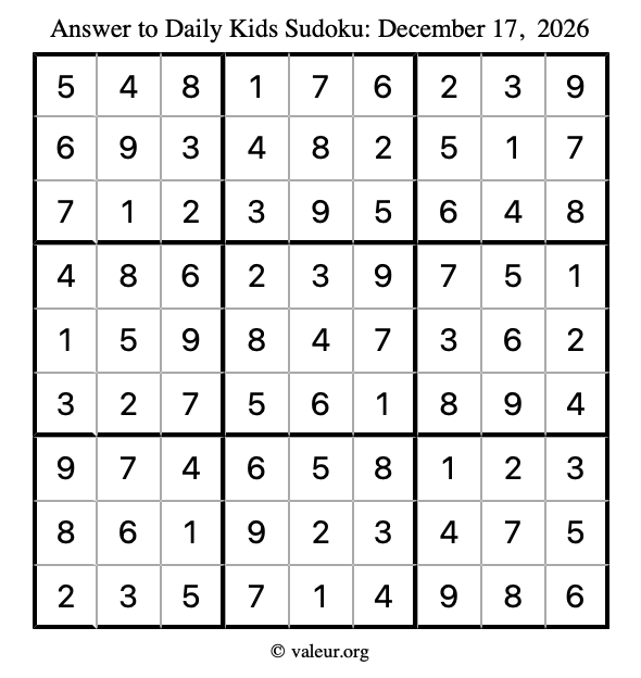 Answer to kids sudoku December 17, 2026