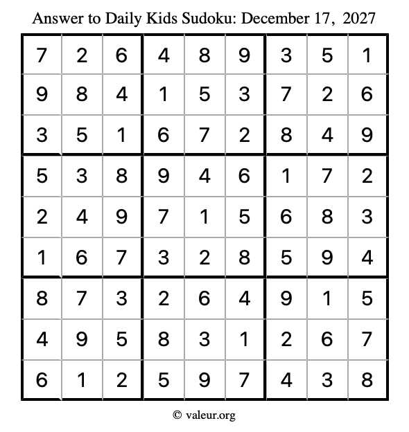 Answer to kids sudoku December 17, 2027