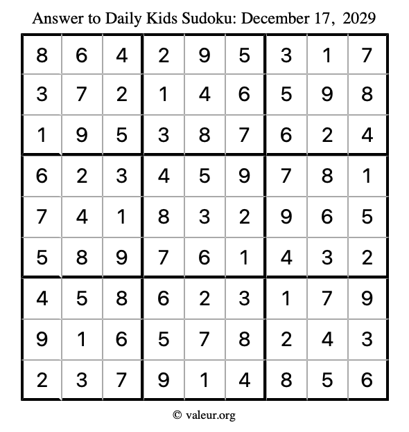 Answer to kids sudoku December 17, 2029