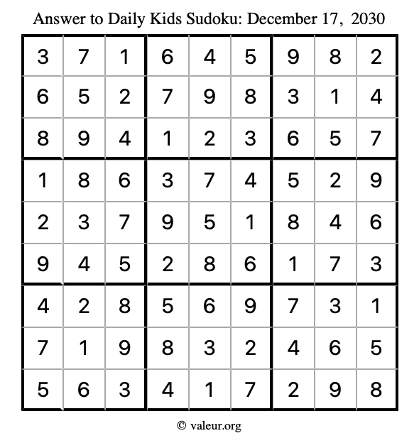 Answer to kids sudoku December 17, 2030