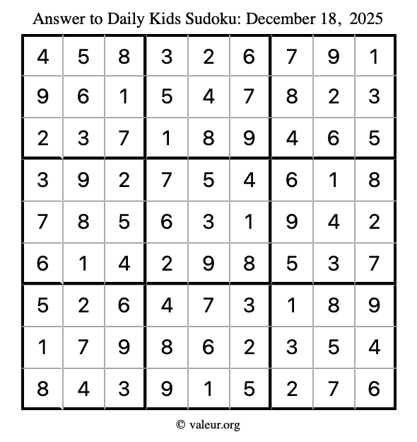 Answer to kids sudoku December 18, 2025
