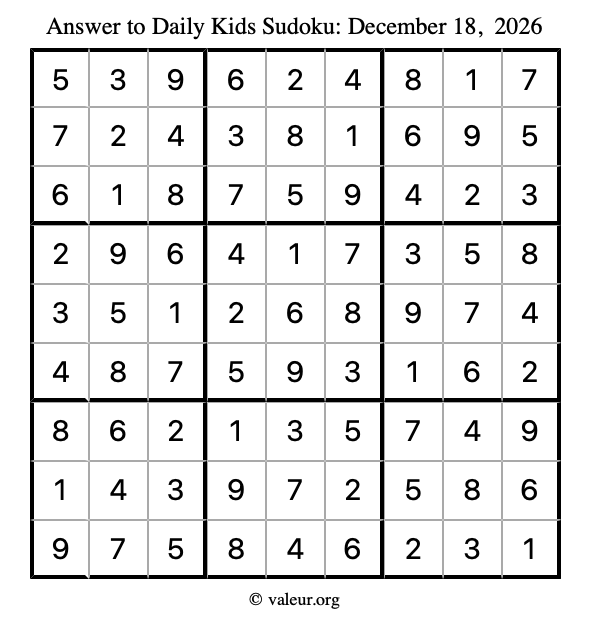 Answer to kids sudoku December 18, 2026