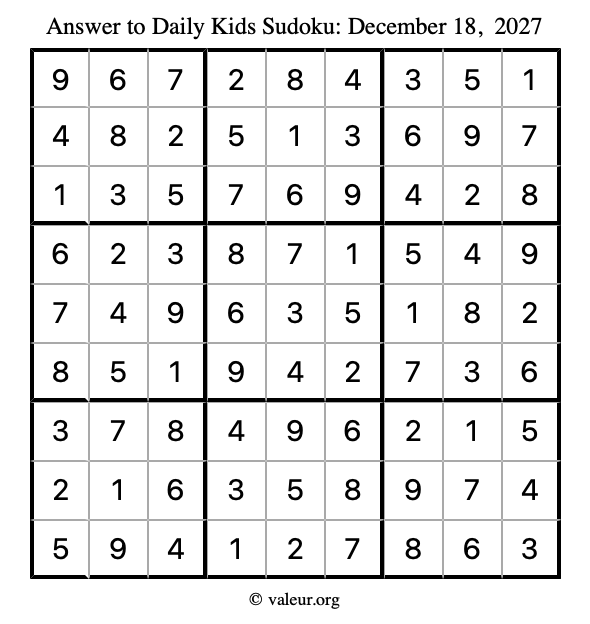 Answer to kids sudoku December 18, 2027