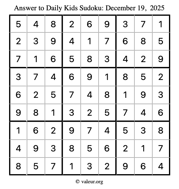 Answer to kids sudoku December 19, 2025