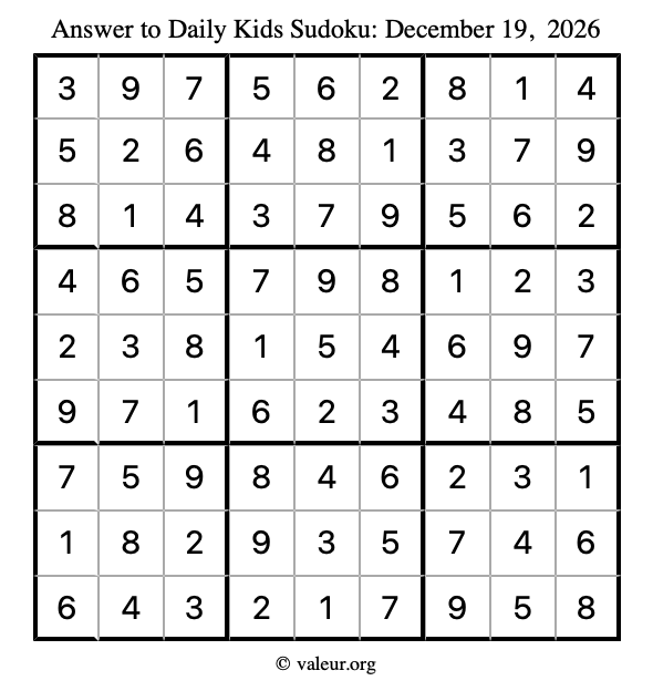 Answer to kids sudoku December 19, 2026