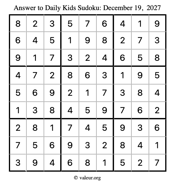 Answer to kids sudoku December 19, 2027