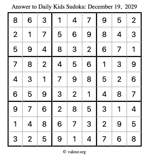 Answer to kids sudoku December 19, 2029
