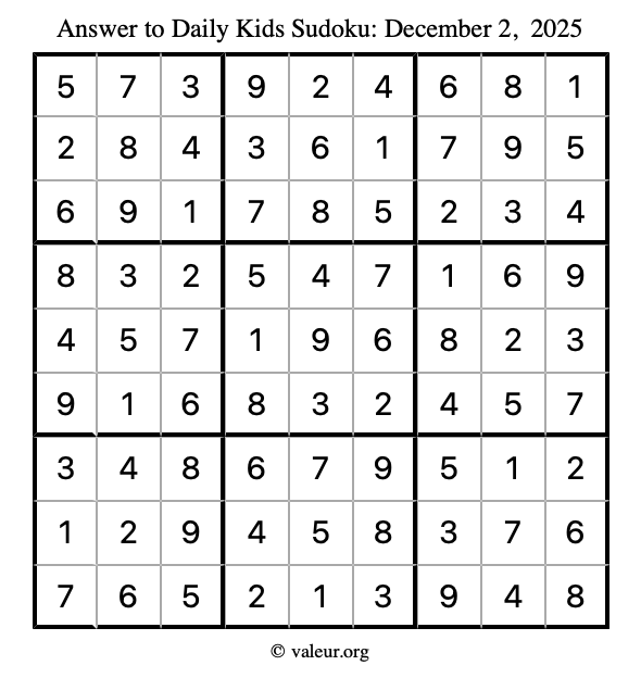 Answer to kids sudoku December 2, 2025