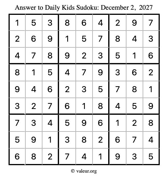 Answer to kids sudoku December 2, 2027