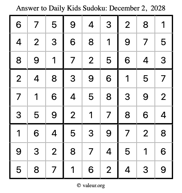 Answer to kids sudoku December 2, 2028