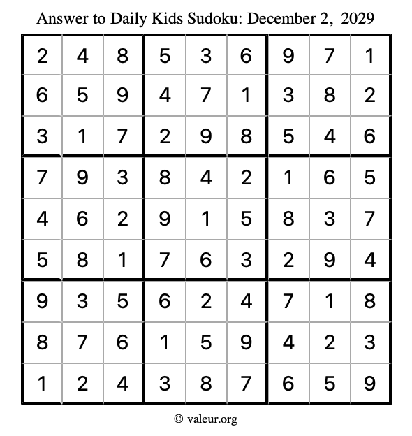 Answer to kids sudoku December 2, 2029
