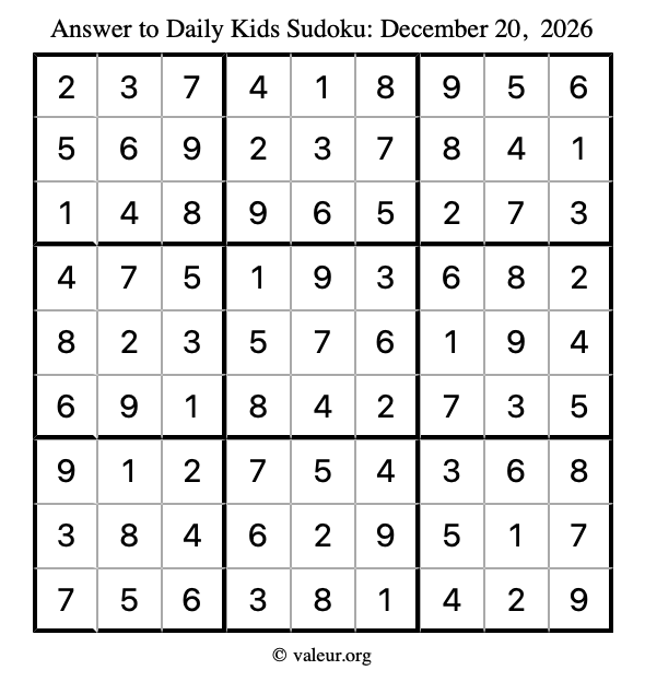 Answer to kids sudoku December 20, 2026