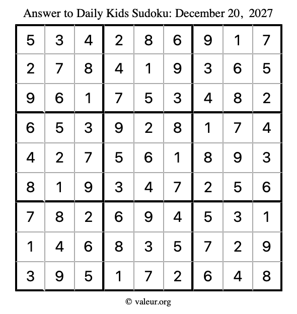 Answer to kids sudoku December 20, 2027
