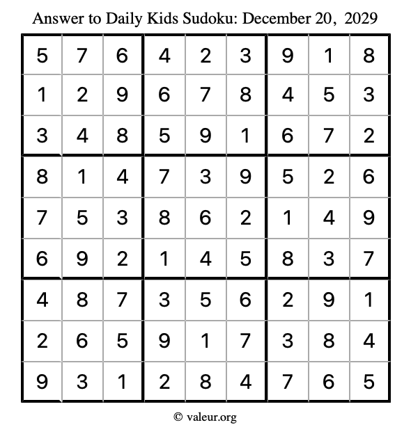 Answer to kids sudoku December 20, 2029