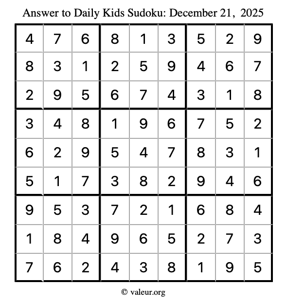 Answer to kids sudoku December 21, 2025