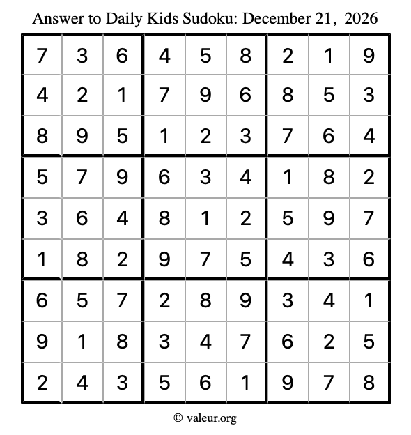 Answer to kids sudoku December 21, 2026