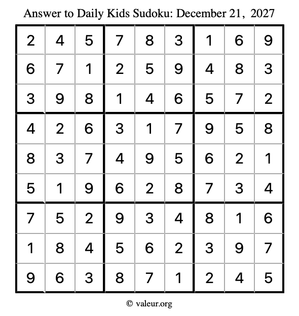 Answer to kids sudoku December 21, 2027