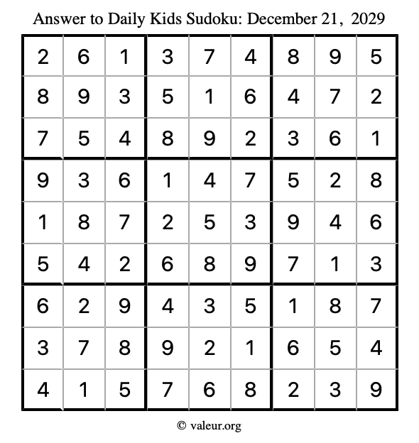 Answer to kids sudoku December 21, 2029