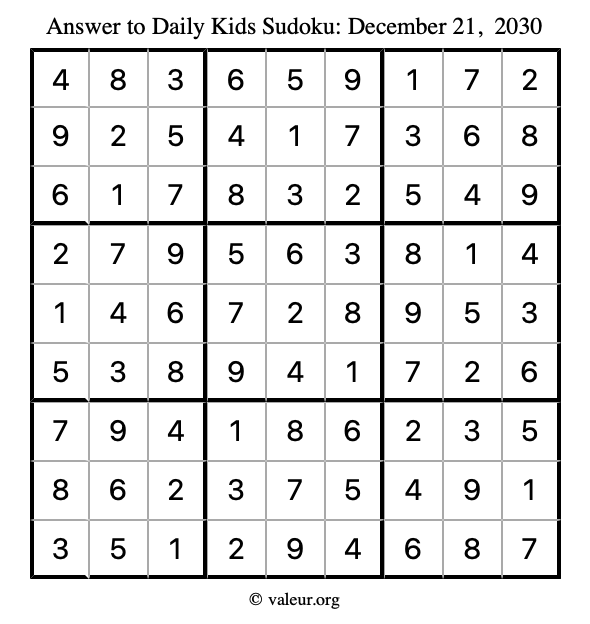 Answer to kids sudoku December 21, 2030