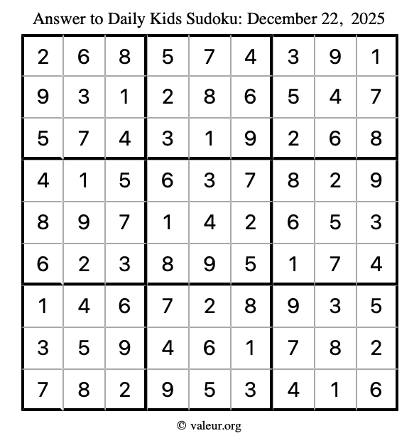 Answer to kids sudoku December 22, 2025